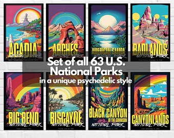 米国国立公園ポスターセット：サイケデリックなウォールアート（デジタルダウンロード）