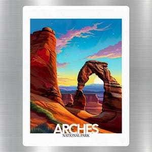 Può includere: Un'illustrazione vibrante dell'Arches National Park. L'immagine presenta l'iconico Delicate Arch, con un cielo colorato di blu, rosa e giallo. Il testo "ARCHES NATIONAL PARK" è in basso.
