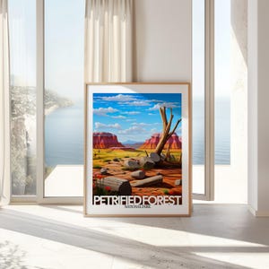 May include: A poster with a colorful illustration of a petrified forest landscape. The poster has the text "Petrified Forest National Park" at the bottom.