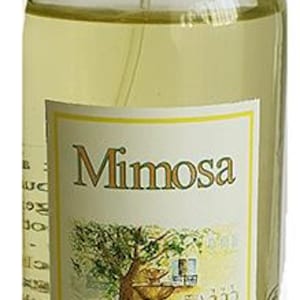 May include: A clear glass bottle of Mimosa Eau de Toilette perfume from Grasse, France. The bottle has a gold cap and a label with a floral illustration and the text "Mimosa Grasse Eau de Toilette Parfums Cobas 92 plan aux grottes 06530 St Cézaire."