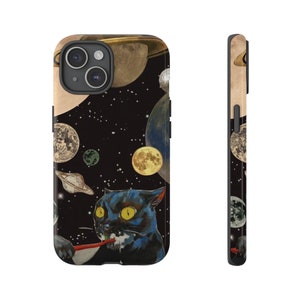May include: Black phone case featuring a space-themed design with planets, stars, and a black cat brushing its teeth. The case has a black border and a glossy finish, offering protection and style.