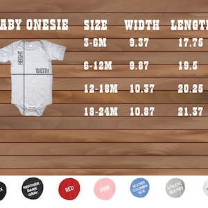 May include: A chart showing the size, width, and length of baby onesies in inches. The chart includes sizes 3-6 months, 6-12 months, 12-18 months, and 18-24 months.