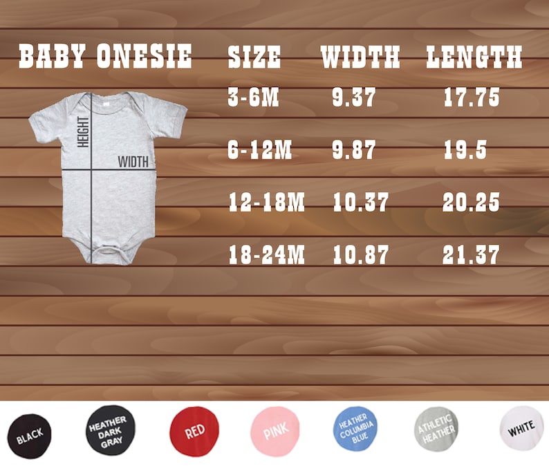 May include: A chart showing the size, width, and length of baby onesies in inches. The chart includes sizes 3-6 months, 6-12 months, 12-18 months, and 18-24 months.
