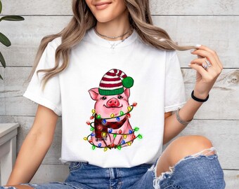 Christmas Pig Lights Shirt, Funny Holiday Tee