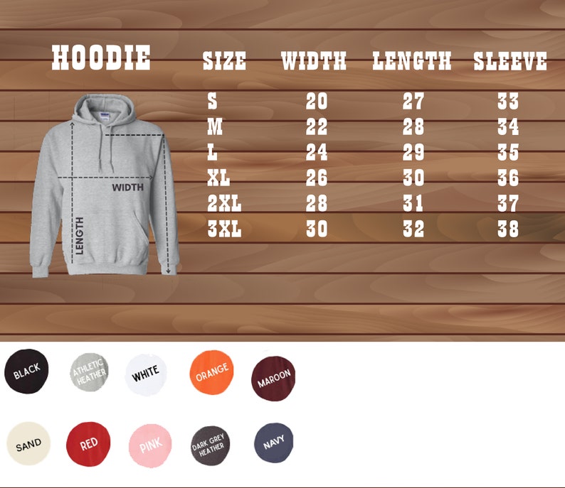 May include: A size chart for a hoodie with measurements in inches for width, length, and sleeve length. The chart shows sizes from small to 3XL. The hoodie is available in 10 colours: black, athletic heather, white, orange, maroon, sand, red, pink, dark grey heather, and navy.