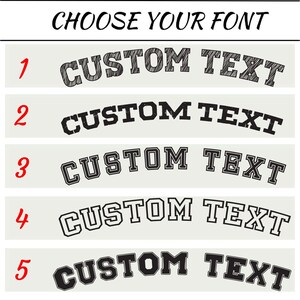 May include: Image displaying five font options for custom text. Each option shows the words "CUSTOM TEXT" in a different style, numbered 1 through 5. The text "CHOOSE YOUR FONT" is at the top.