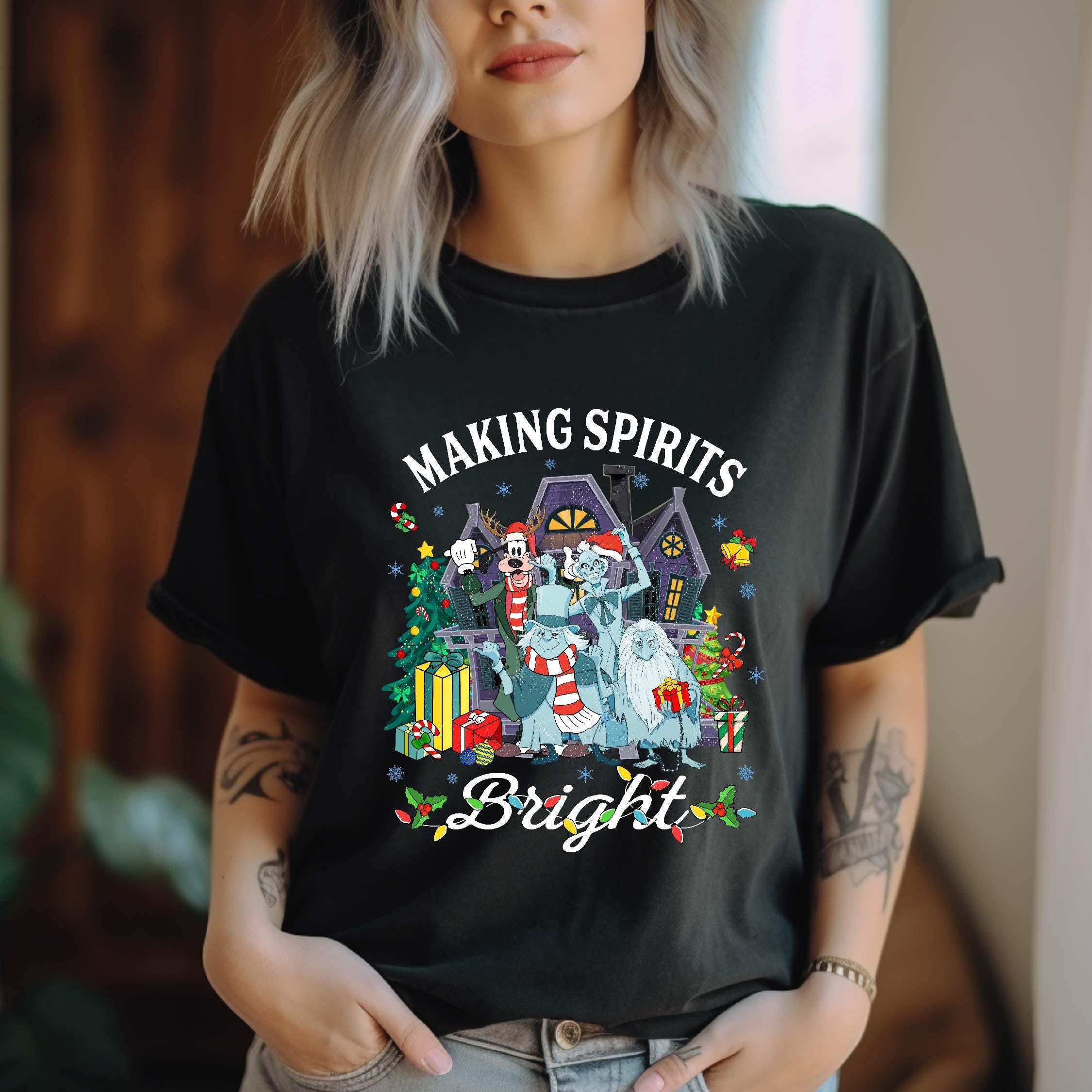 Making Spirits Bright Hitchhiking Ghosts Shirt, Goofy Merry Christmas Haunted Mansion Sweatshirt, Family Matching Halloween T-shirt