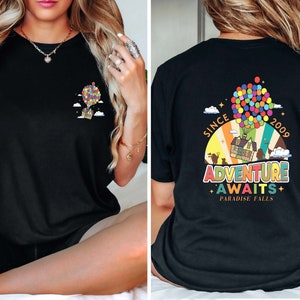 Chemise Disney Pixar Up, Un monde d'aventures vous attend, t-shirt ballons arc-en-ciel, voyage de vacances à Disneyland, chemise de film Disney Up, t-shirt Paradise Falls