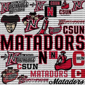 Könnte beinhalten: Ein weißer Hintergrund mit einem sich wiederholenden Muster aus rotem und schwarzem Text und Bildern. Der Text enthält "Cal State Northridge", "Matadors" und "CSUN". Die Bilder zeigen ein stilisiertes "N" und einen Stierkämpfer.