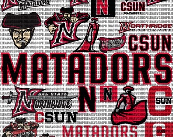 May include: A white background with a repeating pattern of red and black text and images. The text includes "Cal State Northridge", "Matadors", and "CSUN". The images include a stylized "N" and a bullfighter.