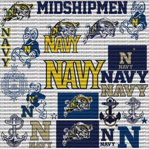 May include: A collage of images featuring the Navy mascot, a ram, with the words "Navy" and "Midshipmen" in yellow and blue. The images include a crest, an anchor, and a ram with a sailor hat.