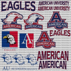 May include: A collage of logos for American University, featuring the school's mascot, the eagle, and the school colors, red and blue. The logos include the words "American University", "Eagles", and "American".
