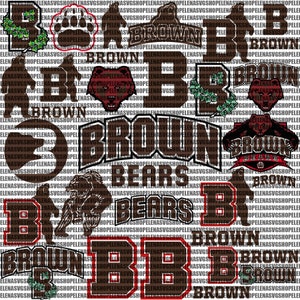 May include: A collection of brown and red graphic designs featuring the words "Brown Bears" and the silhouette of a bear. The designs are ideal for creating apparel, logos, or other crafts.