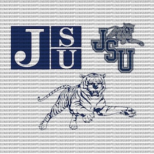 May include: A blue and white graphic design of a tiger with the letters JSU in a blue box. The tiger is leaping and has a fierce expression.