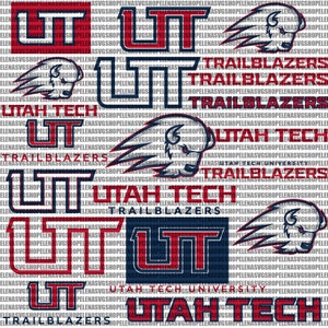 Puede incluir: Una hoja de diseño digital con múltiples variaciones del logotipo de Utah Tech Trailblazers. El logotipo es rojo y azul con una cabeza de bisonte blanca y las palabras "Utah Tech" y "Trailblazers".