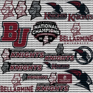 May include: A seamless pattern featuring various Bellarmine Knights logos and text elements. The design includes the words "Knights" and "Bellarmine University" in a maroon and white color scheme, along with helmet and shield graphics.