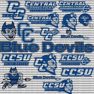 May include: A collection of logos and mascots for Central Connecticut State University, featuring the school's name, the words "Blue Devils", and a cartoon devil mascot. The logos are in blue and white.