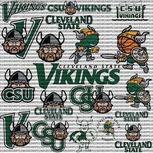 May include: A digital collage of green and black logos featuring the Cleveland State Vikings mascot, a Viking with a horned helmet, and the words "Cleveland State" and "Vikings".