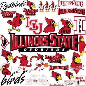 May include: A collection of logos and illustrations featuring a red cardinal bird, the mascot for Illinois State University. The logos include the words "Illinois State Redbirds" and "ISU" in various fonts and styles. The illustrations depict the cardinal bird in different poses, including standing, running, and holding a basketball.