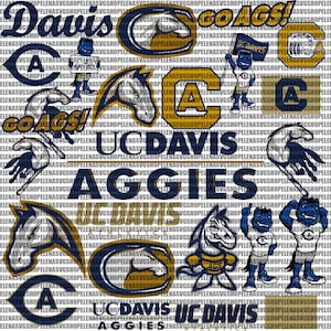 May include: A collage of images featuring the UC Davis Aggies mascot, a horse, and the school's logo. The images are in blue, gold, and white. The text "UC Davis Aggies" is repeated throughout the collage.