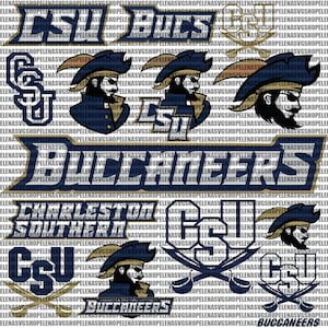 May include: A digital collage of various logos and graphics featuring the Charleston Southern University Buccaneers mascot. The mascot is a pirate with a gold hat and blue and gold clothing. The collage includes the words "CSU Buccaneers" and "Charleston Southern".