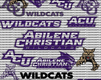 Może przedstawiać: Fioletowo-czarne logo dla Abilene Christian University Wildcats. Logo zawiera stylizowane 'ACU' z napisem 'Wildcats' poniżej. Logo jest umieszczone na białym tle.