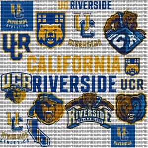 Puede incluir: Un collage de logotipos y mascotas para la Universidad de California, Riverside. Los logotipos presentan los colores de la escuela, azul y dorado, y las mascotas son un oso y un Highlander. El texto "Riverside" y "Highlanders" también aparece en el collage.