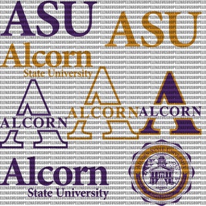 Könnte beinhalten: Ein violettes und goldenes Grafikdesign mit dem Text "Alcorn State University" mit einem violetten Dreieck und dem Text "ASU" in Gold. Das Design enthält auch ein Siegel mit dem Text "Alcorn State University" und einem Gebäude.
