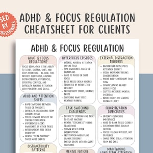 May include: A white printed ADHD & Focus Regulation Cheatsheet for Clients. The document includes sections on focus regulation, hyperfocus episodes, and external distraction triggers. The top left corner has a circular sticker that says "Used by Professionals".