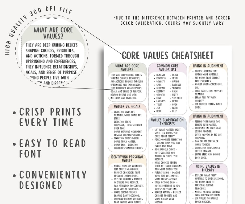 Values Chart.pdf Core Values Cheatsheet, Personal Growth Tracker, Life Priorities ...