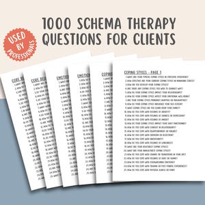 May include: A set of five white pages with black text. The pages contain questions for a schema therapy workbook. The title of the workbook is "1000 Schema Therapy Questions for Clients".