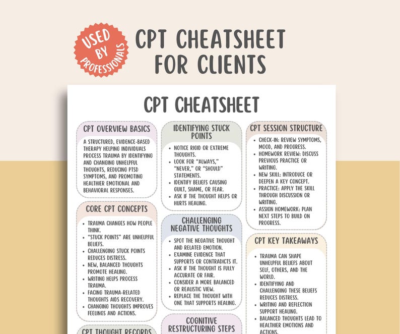 CPT Cheat Sheet, Trauma Therapy Tool, PTSD Worksheet, Mental Health Guide, Therapist Aid, Healing Workbook, Coping Skills, CBT Tools
