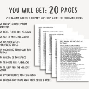 550 Trauma Informed Therapy Questions, Trauma Worksheets, Healing Workbook, Mental Health PDF, Therapy Prompts, Printable Resource