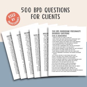 May include: A stack of white paper sheets with printed questions about Borderline Personality Disorder (BPD) for clients. The text includes "500 BPD Questions for Clients" and "Fear of Abandonment." A circular sticker reads "Used by Professionals."