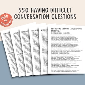 May include: A stack of white cards with black text, titled "550 Having Difficult Conversation Questions." The cards are organized into sections like "Identifying," "Choosing," and "Responding." A red circular sticker reads "Used by Professionals."
