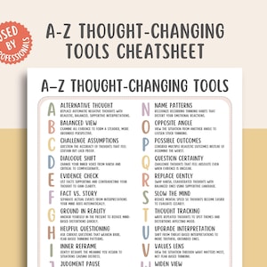 Puede incluir: Hoja de trucos de herramientas para cambiar los pensamientos de la A a la Z. Este póster educativo presenta una lista de herramientas para gestionar los pensamientos, con cada herramienta descrita de forma concisa. El póster tiene un fondo blanco con texto negro y verde, y un sello circular rojo.