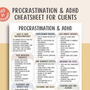 Op de afbeelding: Een wit en beige infographic getiteld "Procrastination & ADHD Cheatsheet for Clients." De infographic bevat lijsten met triggers, worstelingen en effecten, samen met strategieën om de cyclus te doorbreken en met kleine acties te beginnen.