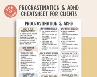 May include: A white and beige infographic titled "Procrastination & ADHD Cheatsheet for Clients." The infographic includes lists of triggers, struggles, and effects, along with strategies for breaking the cycle and starting with tiny actions.