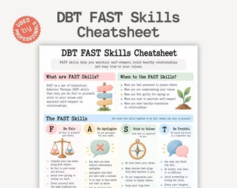 May include: A DBT FAST Skills Cheatsheet document featuring a title, definitions, and four sections labeled F, A, S, and T. The page includes illustrations of a signpost, a plant, a scale, a speech bubble with an X, a compass, and speech bubbles.