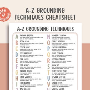 May include: A-Z Grounding Techniques Cheatsheet, a printable guide for stress relief and mindfulness. The poster features a list of grounding techniques with descriptions, including Anchor Breath, Body Scan, and Color Hunt. The design is on a light peach background with a red circular badge that says "Used by Professionals".
