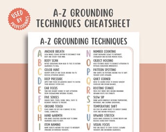 A-Z Grounding Techniques Cheatsheet, Grounding Exercises Guide, Anxiety Relief Tools, Mindfulness Practices, Stress Management, Wellness Aid