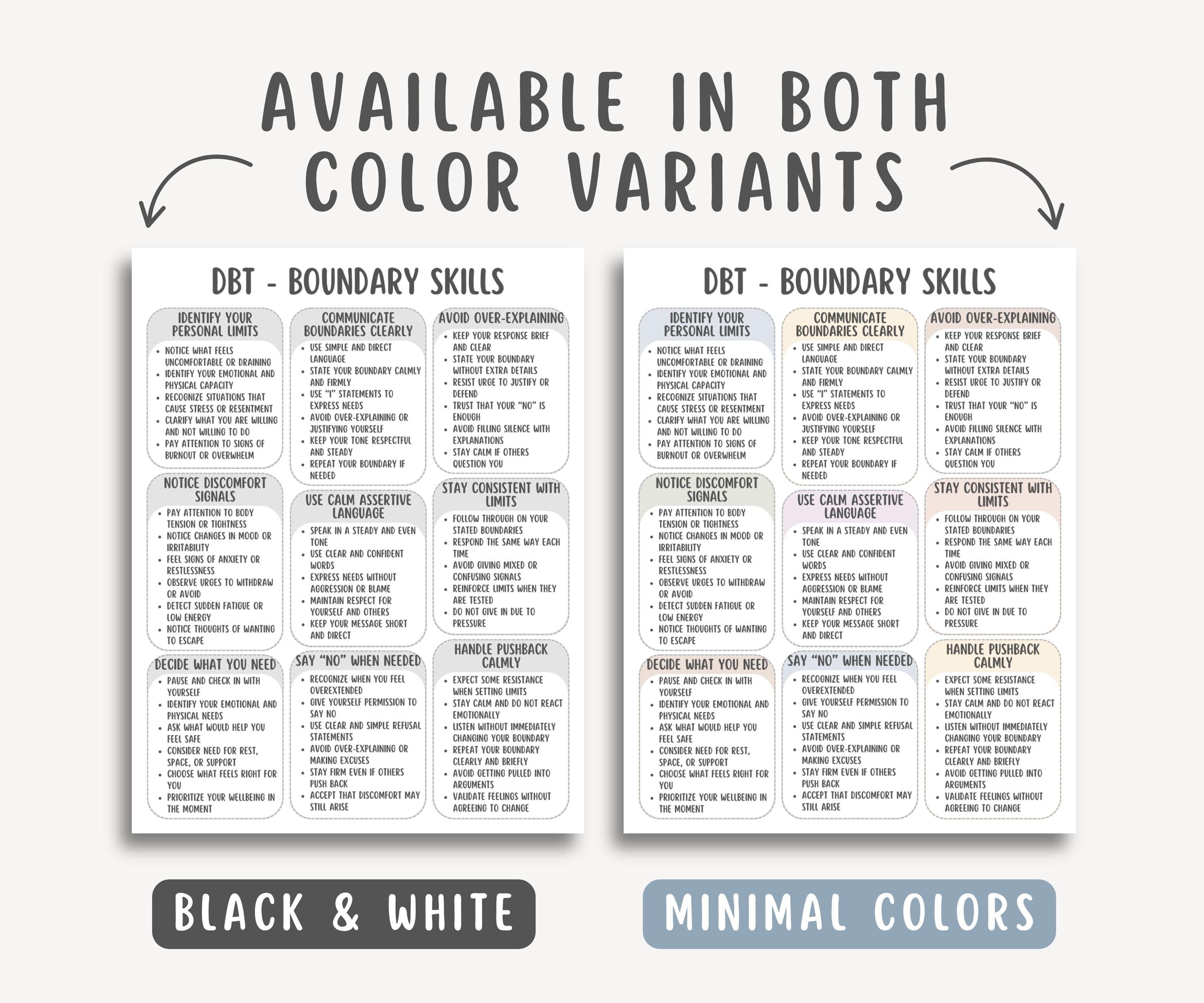 DBT Boundary Skills Cheatsheet, Healthy Boundaries Worksheet, Assertive ...