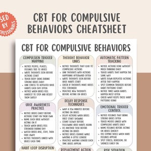 May include: A CBT for Compulsive Behaviors cheatsheet featuring a grid of six rounded boxes with text headers including Compulsion Trigger Mapping, Thought Behavior Links, Automatic Pattern Tracking, Urge Awareness Practice, Delay Response Techniques, and Emotional Trigger Control.