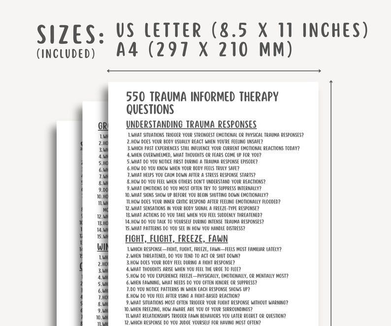 550 Trauma Informed Therapy Questions, Trauma Worksheets, Healing Workbook, Mental Health PDF, Therapy Prompts, Printable Resource