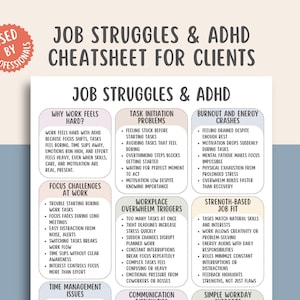 May include: A white printed sheet titled "Job Struggles & ADHD Cheatsheet for Clients" with sections on work challenges, task initiation, and burnout. The sheet is designed for professionals.