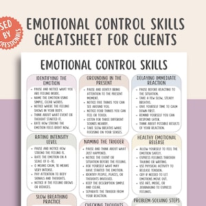 May include: A white paper titled "Emotional Control Skills Cheatsheet for Clients" with a red circular sticker that says "Used by Professionals." The document provides tips on managing emotions, including identifying, grounding, and delaying reactions.