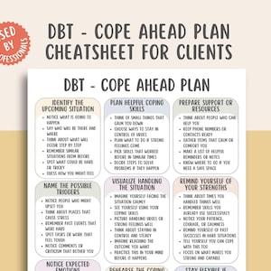 May include: A DBT Cope Ahead Plan Cheatsheet for Clients, a helpful guide for identifying upcoming situations, planning coping skills, preparing resources, and reminding oneself of strengths. The document is printed on a white background with a peach border.