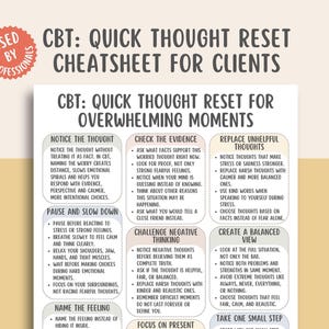 May include: A white and beige CBT (Cognitive Behavioral Therapy) cheatsheet for clients. The poster includes text on quick thought reset for overwhelming moments, with sections on noticing thoughts, checking evidence, and replacing unhelpful thoughts. A red sticker reads "Used by Professionals."