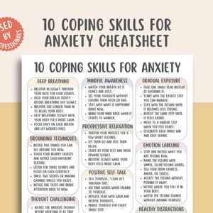 Może przedstawiać: Biały arkusz informacyjny zatytułowany 10 Coping Skills for Anxiety z czerwoną okrągłą odznaką z napisem Used by Professionals. Dokument zawiera listę dziesięciu technik, w tym głębokie oddychanie i relaksację, w pastelowych ramkach.