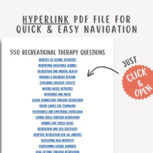 550 Recreational Therapy Questions, Leisure Therapy PDF, Activity Planner, Mental Health Tool, Self-Care, Printable, Counseling Guide